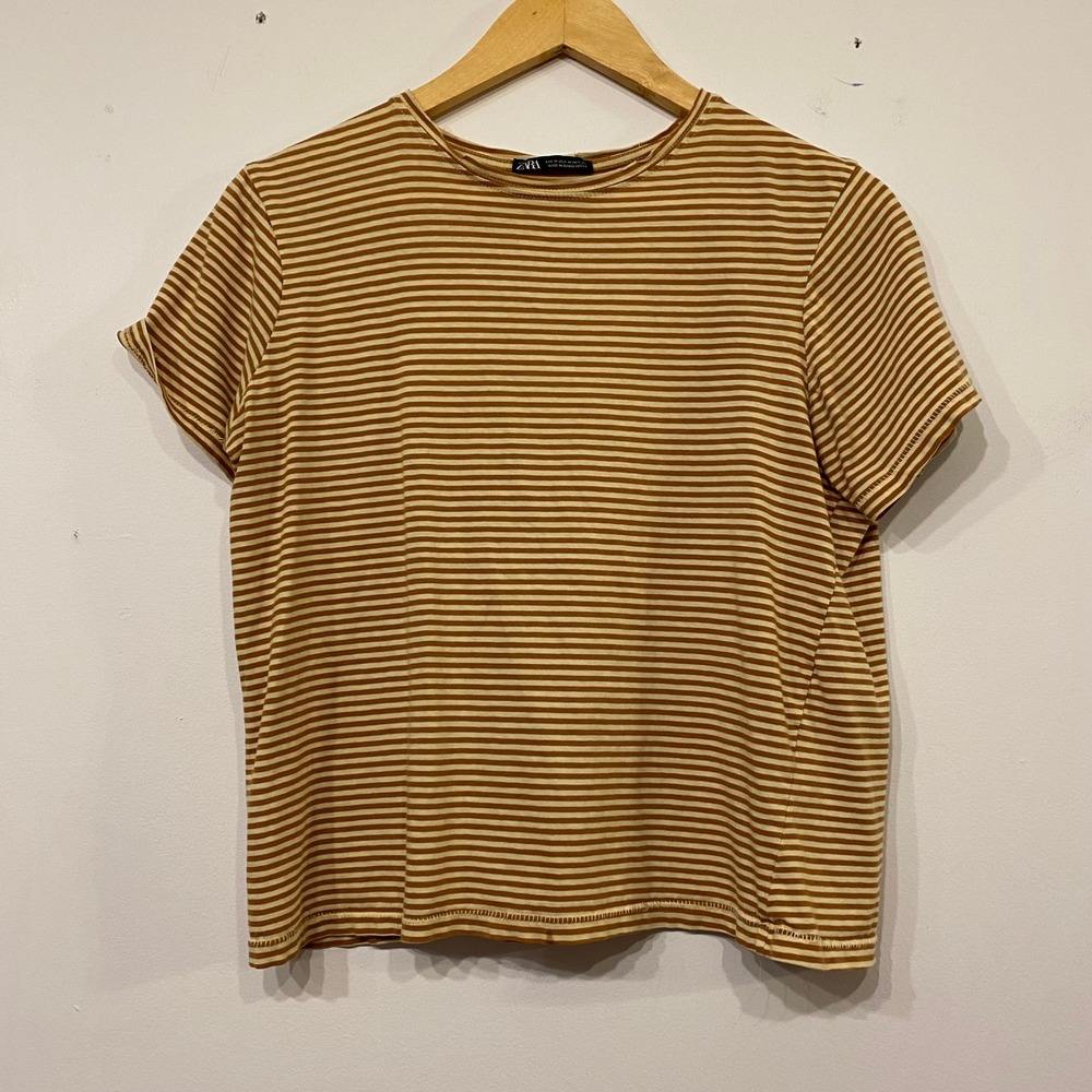 Zara Womens Mustard Yellow Cream Striped Short Sleeve Crew Neck T-Shirt Size M